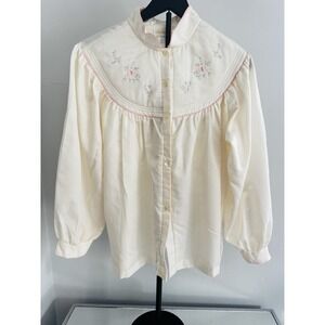 Vtg Barbizon Quilted Cream Embroidered Pajama Top M Floral Prairie Cottagecore